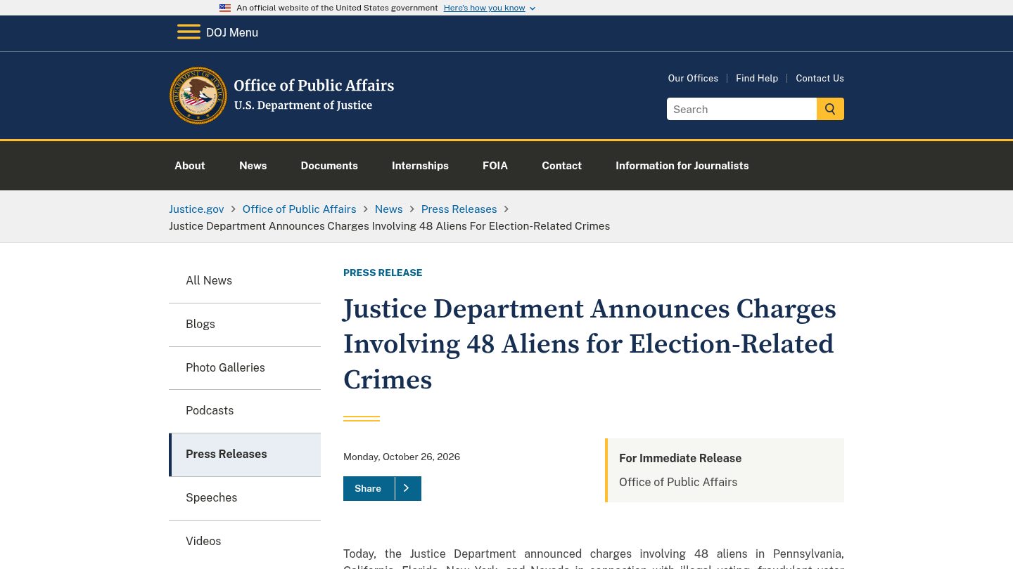 Justice Department Announces Charges Involving 48 Aliens for Election-Related Crimes