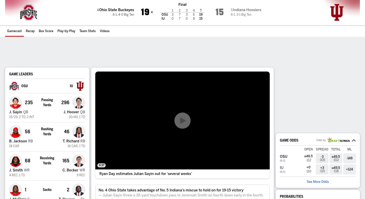 Ohio State vs. Indiana (Oct 17, 2026) Live Score