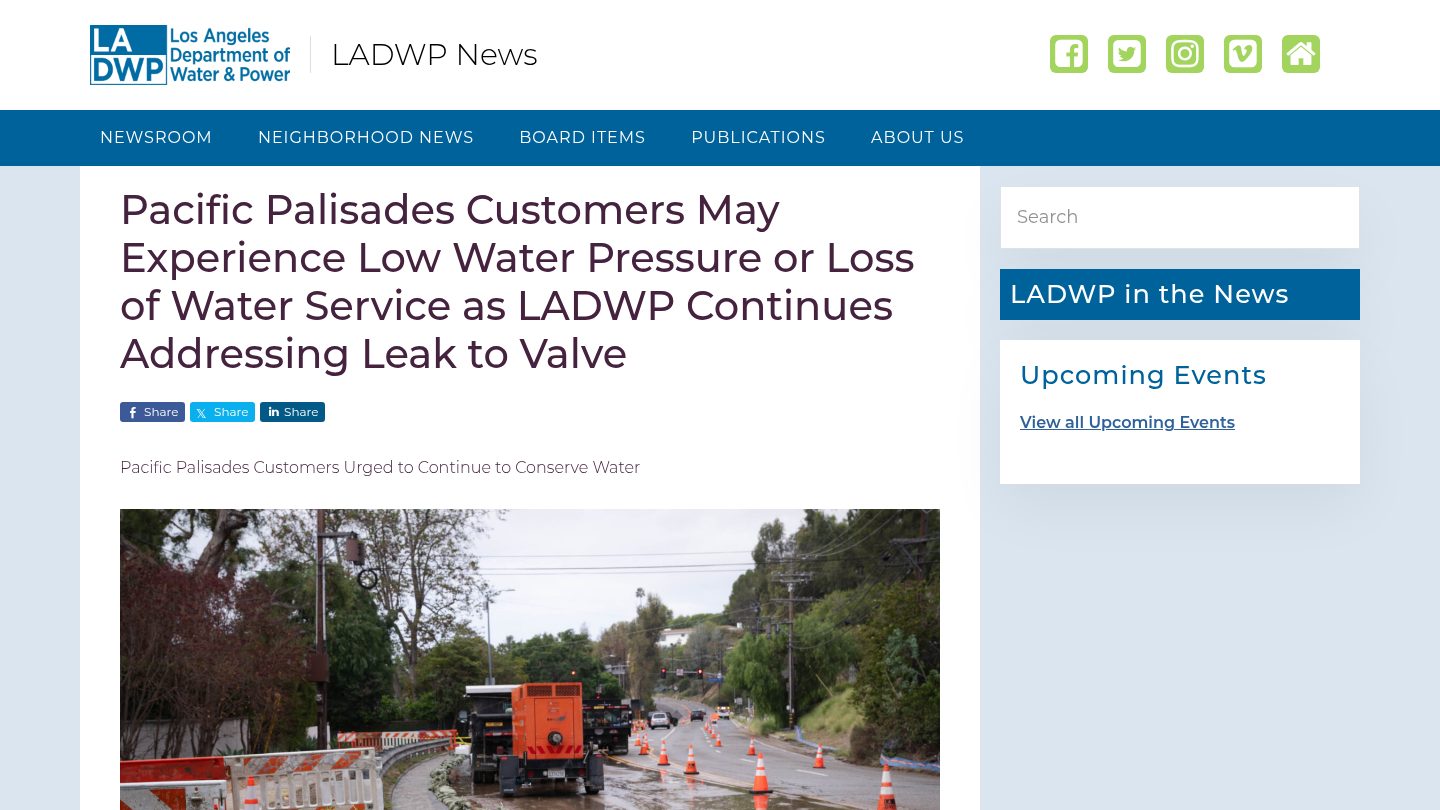 Pacific Palisades Customers May Experience Low Water Pressure or Loss of Water Service as LADWP Continues Addressing Leak to Valve