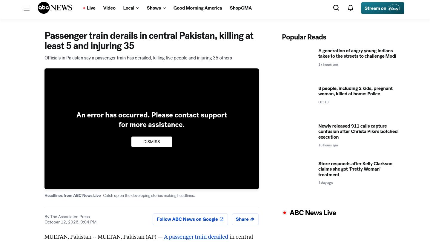 Passenger train derails in central Pakistan, killing at least 5 and injuring 35