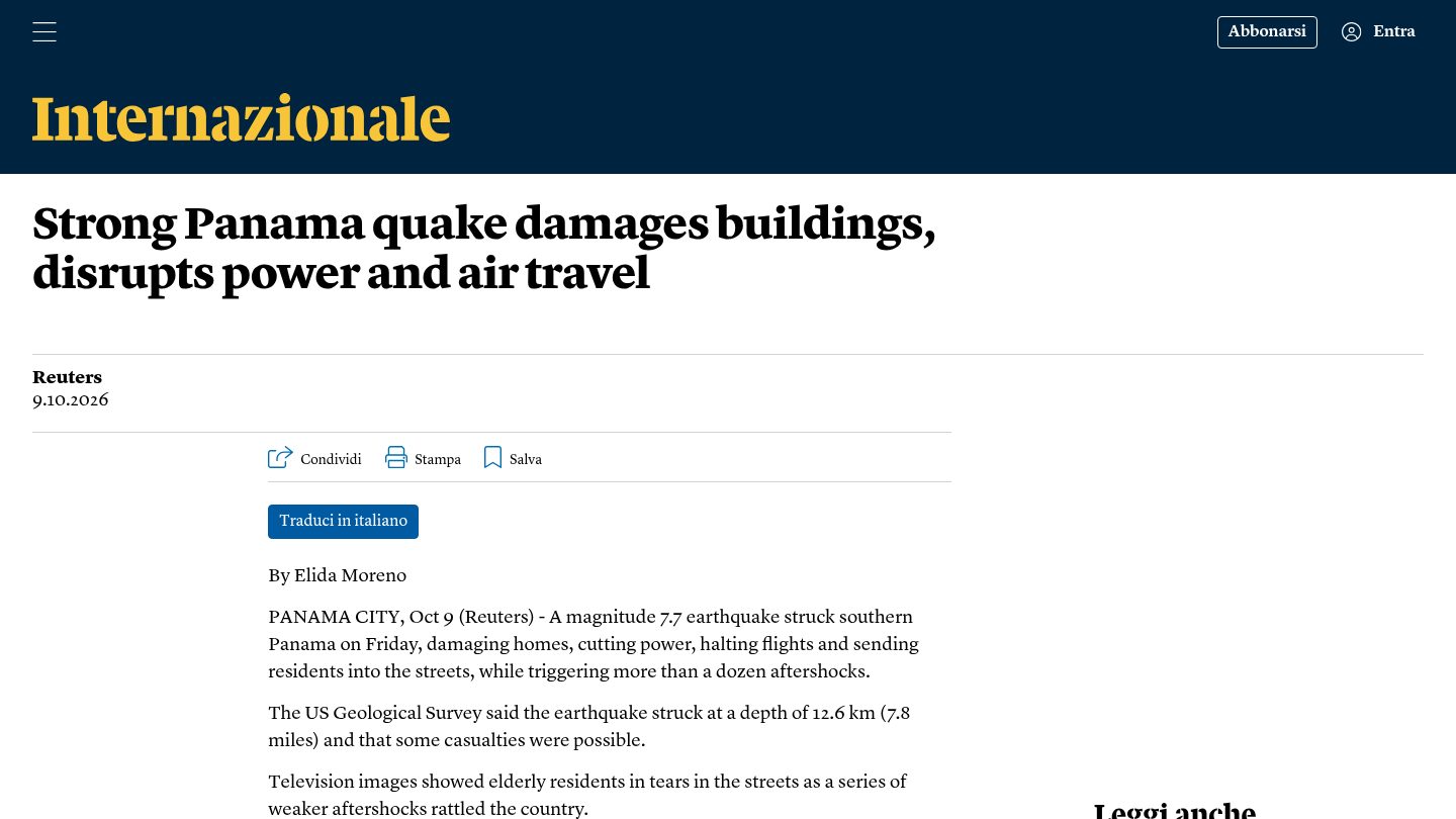 Strong Panama quake damages buildings, disrupts power and air travel