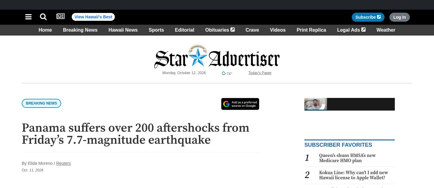 Panama suffers over 200 aftershocks from Friday's 7.7-magnitude earthquake