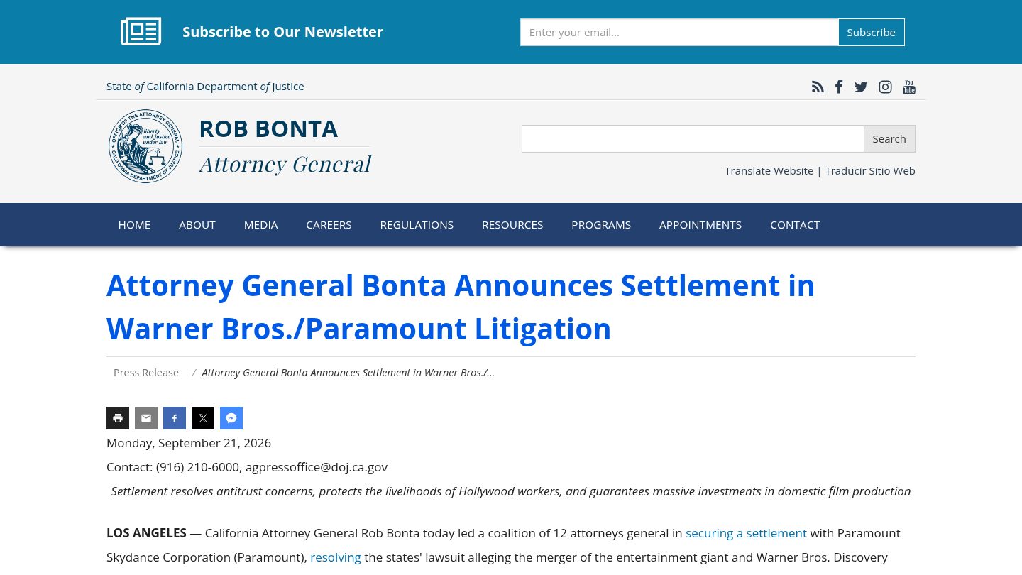 Attorney General Bonta Announces Settlement in Warner Bros./Paramount Litigation
