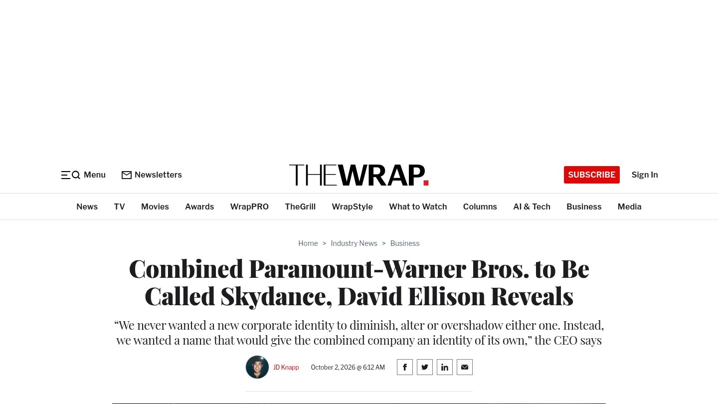 Combined Paramount-Warner Bros. to Be Called Skydance, David Ellison Reveals