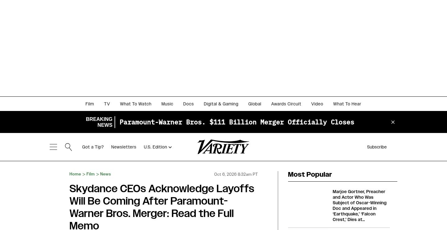 Skydance CEOs Acknowledge Layoffs Will Be Coming After Paramount-Warner Bros. Merger: Read the Full Memo