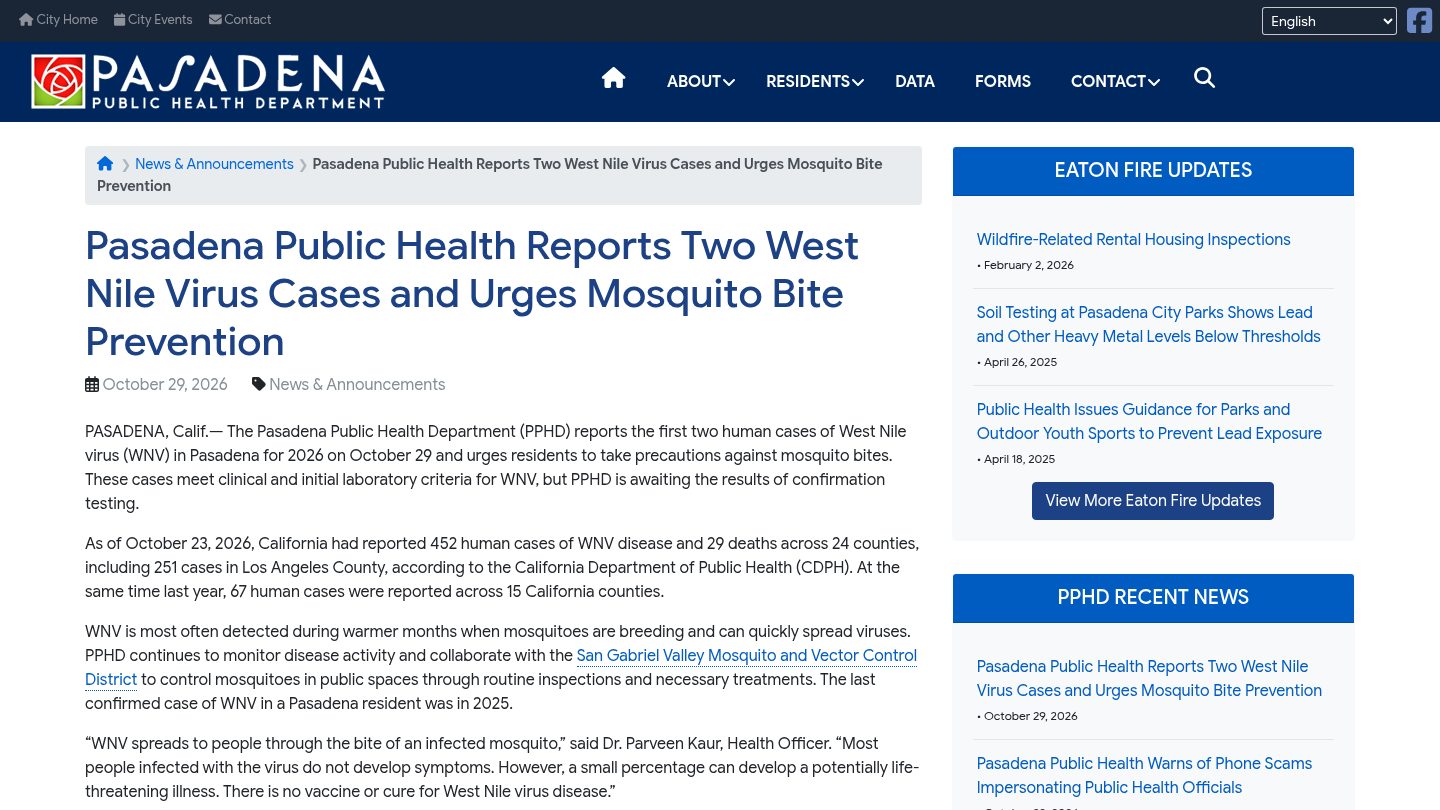Pasadena Public Health Reports Two West Nile Virus Cases and Urges Mosquito Bite Prevention