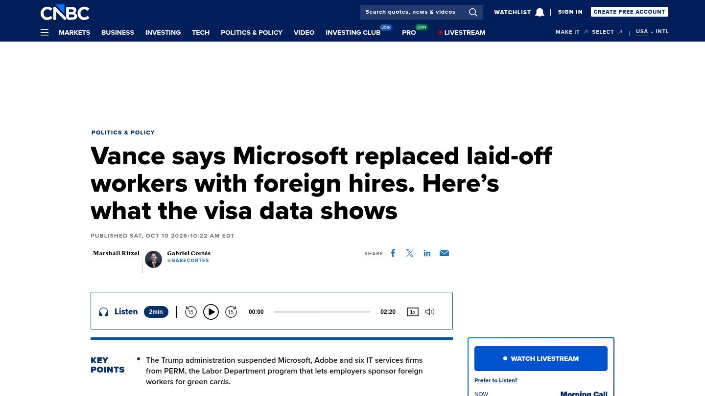 Vance says Microsoft replaced laid-off workers with foreign hires. Here's what the visa data shows