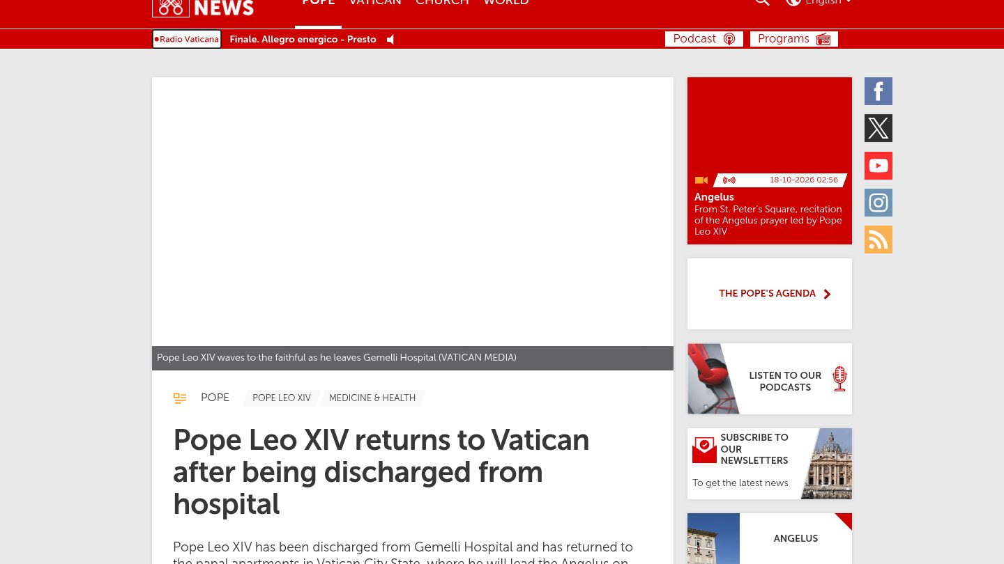 Pope Leo XIV returns to Vatican after being discharged(医生声明)