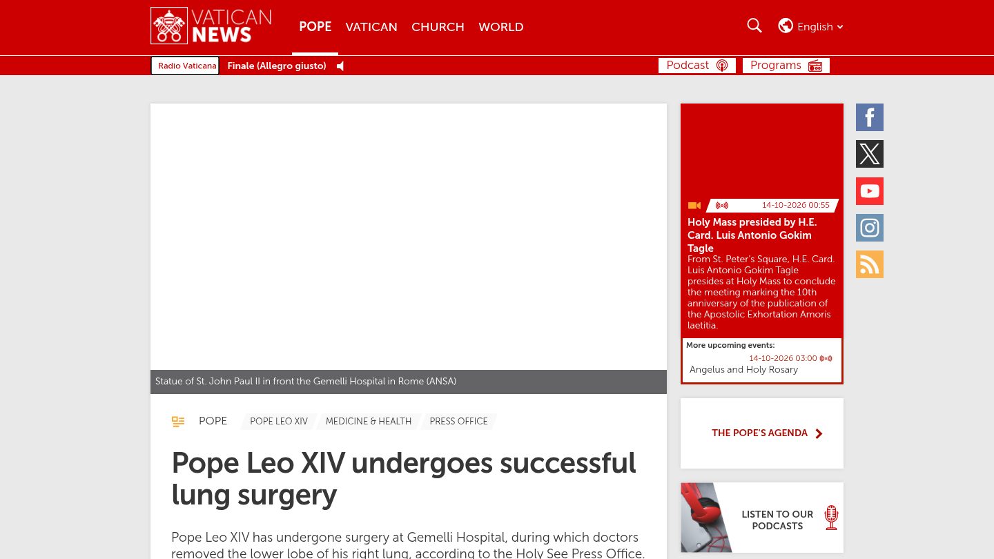 Pope Leo XIV undergoes successful lung surgery(下叶切除/肺腺癌)