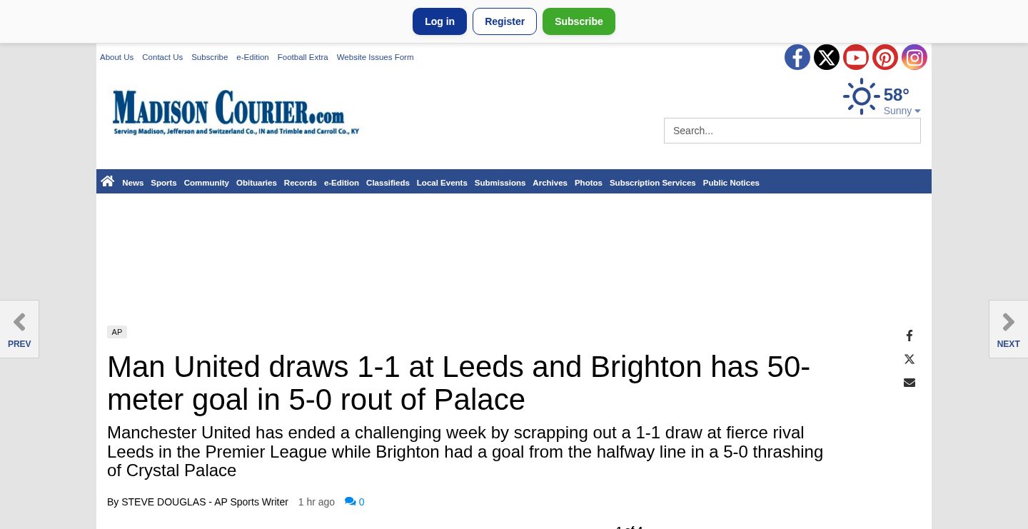 Man United draws 1-1 at Leeds and Brighton has 50-meter goal in 5-0 rout of Palace