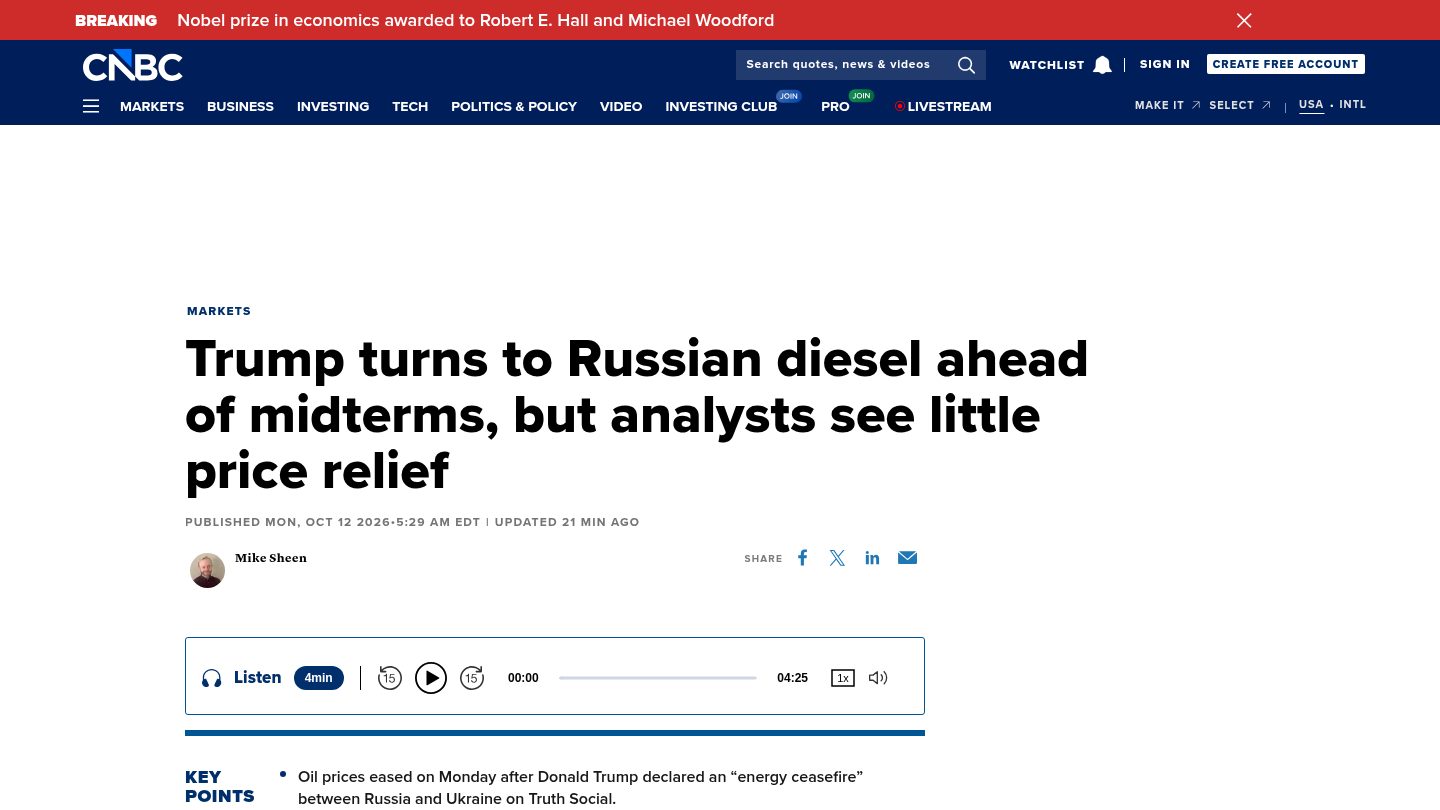 Trump turns to Russian diesel ahead of midterms, but analysts see little price relief