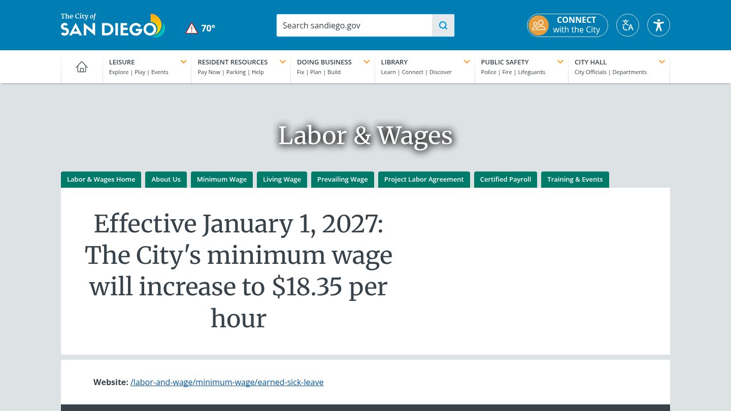 Effective January 1, 2027: The City's minimum wage will increase to $18.35 per hour
