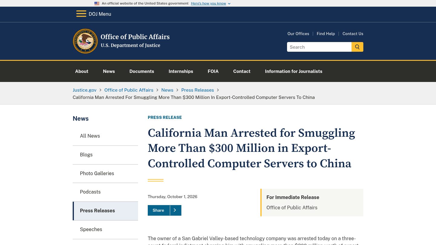 California Man Arrested for Smuggling More Than $300 Million in Export-Controlled Computer Servers to China