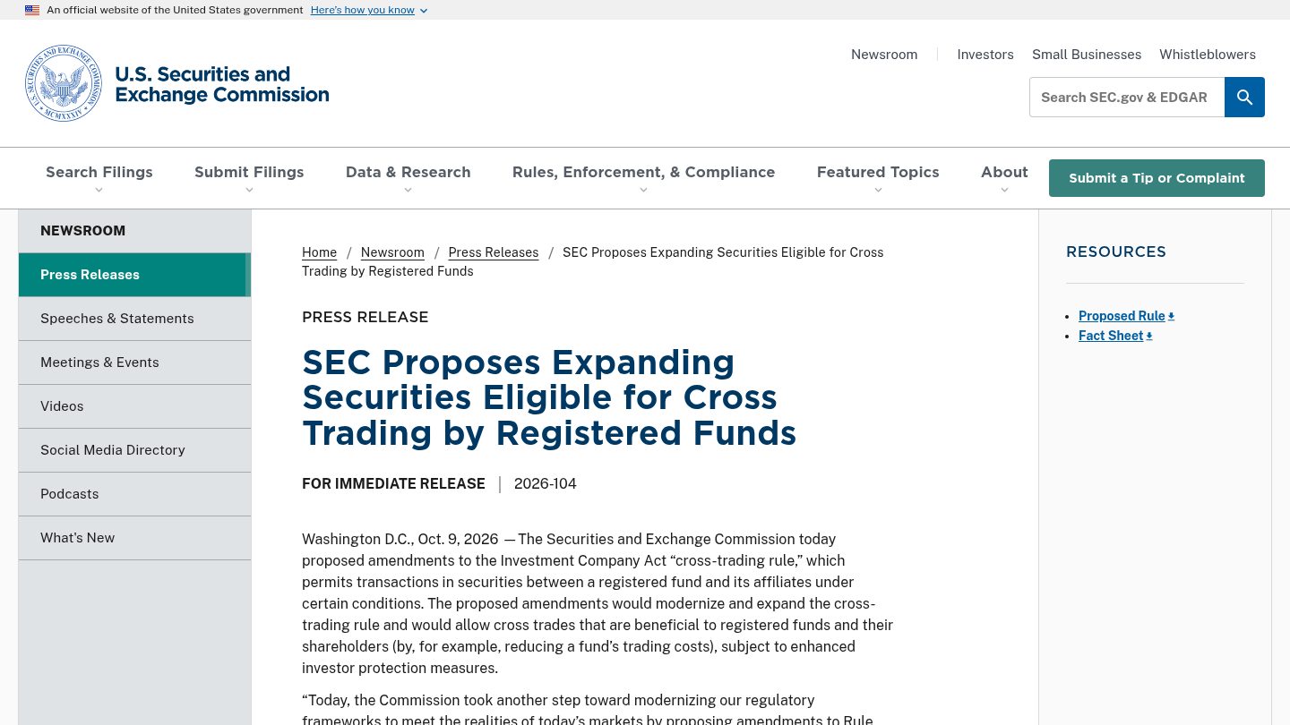SEC Proposes Expanding Securities Eligible for Cross Trading by Registered Funds