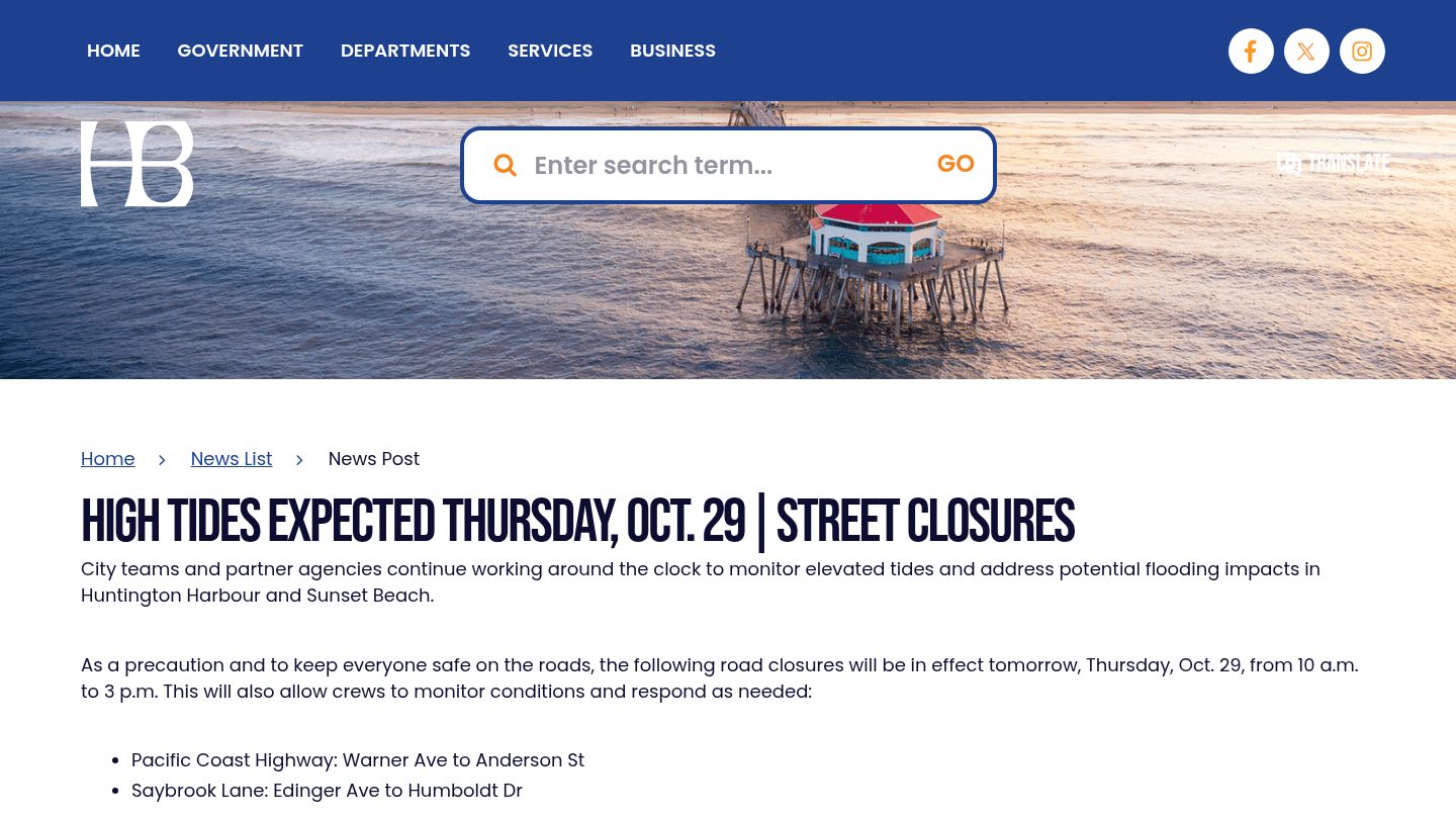 HIGH TIDES EXPECTED THURSDAY, OCT. 29 | STREET CLOSURES