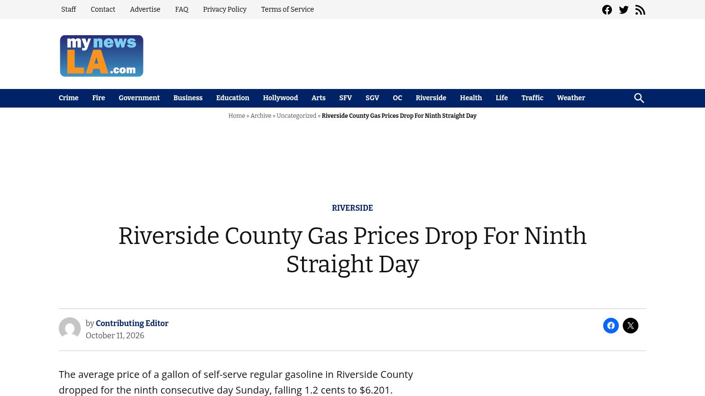 Riverside County Gas Prices Drop For Ninth Straight Day