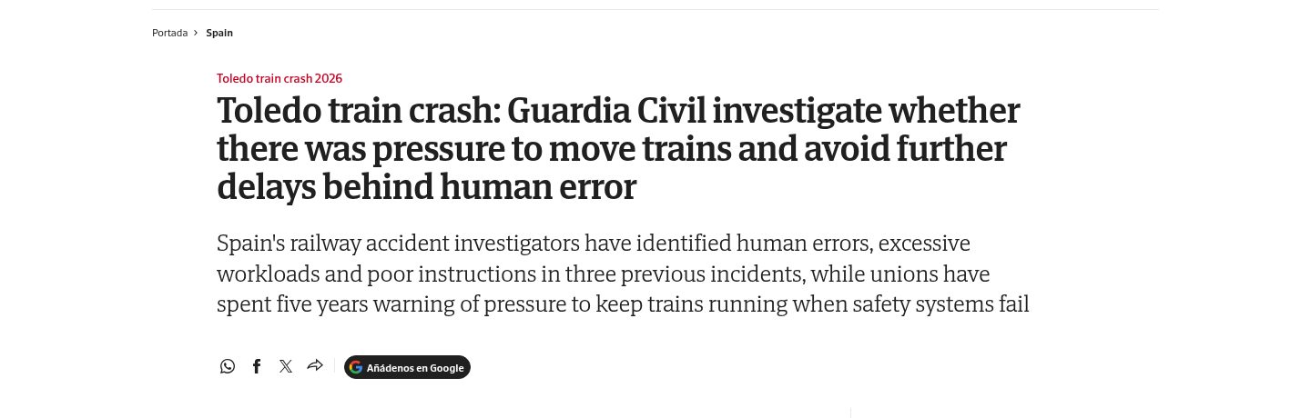Toledo train crash: Guardia Civil investigate whether there was pressure to move trains and avoid further delays behind human error