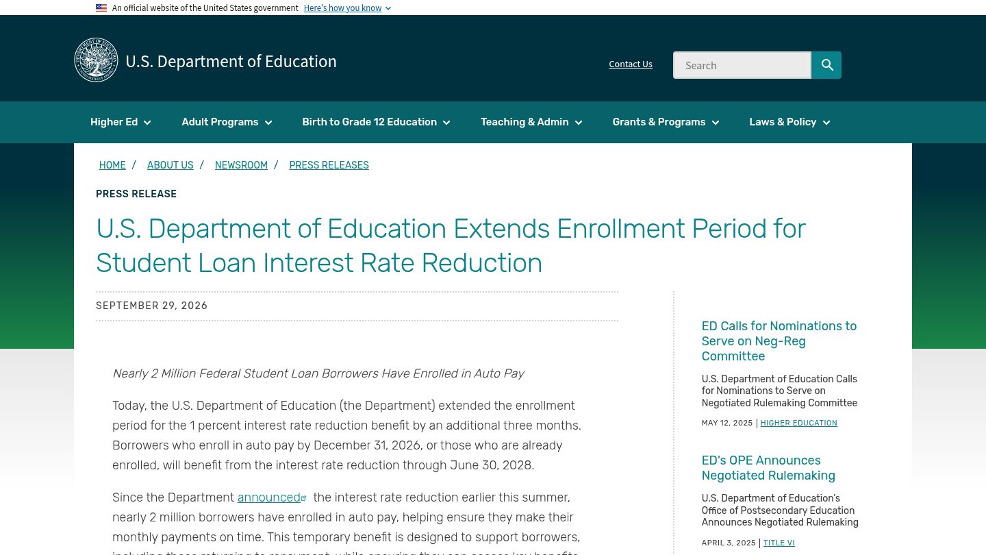 U.S. Department of Education Extends Enrollment Period for Student Loan Interest Rate Reduction