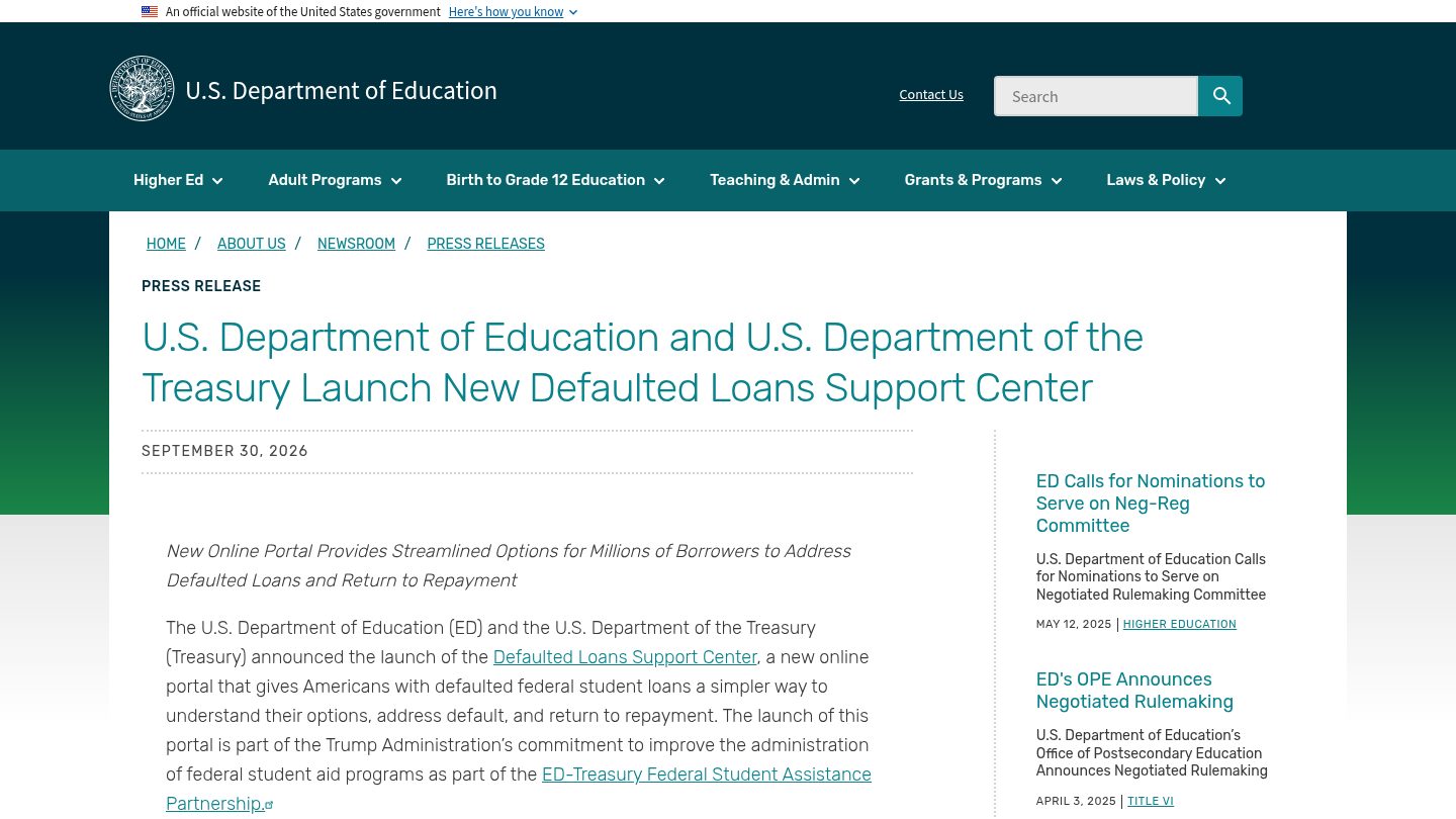 U.S. Department of Education and U.S. Department of the Treasury Launch New Defaulted Loans Support Center
