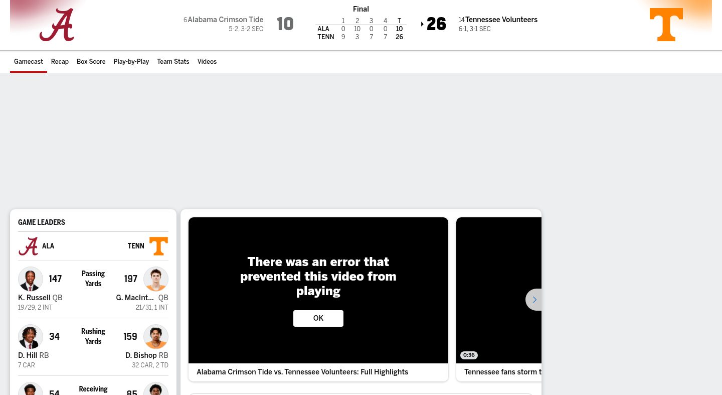 Alabama vs. Tennessee (Oct 17, 2026) Live Score — Final 26-10