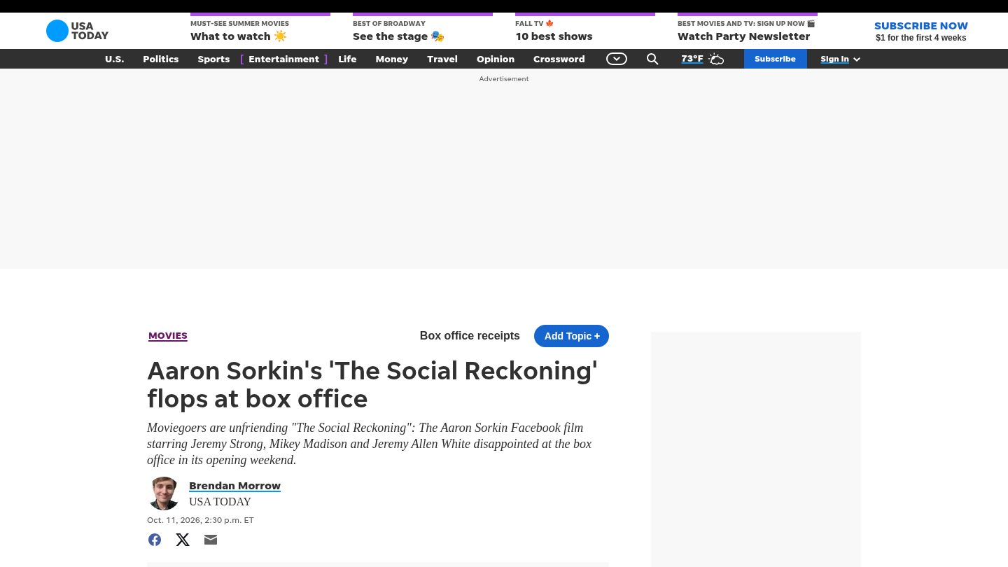 The Social Reckoning box office – Aaron Sorkin Facebook film flops(首周末550万美元)