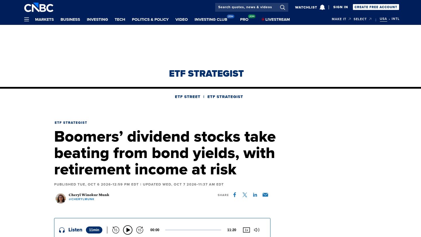 Boomers' dividend stocks take beating from bond yields, with retirement income at risk