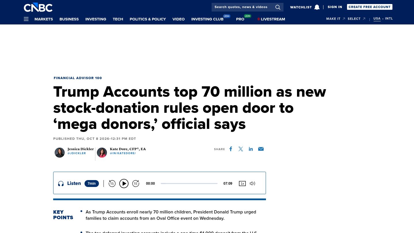 Trump Accounts top 70 million as new stock-donation rules open door to 'mega donors,' official says
