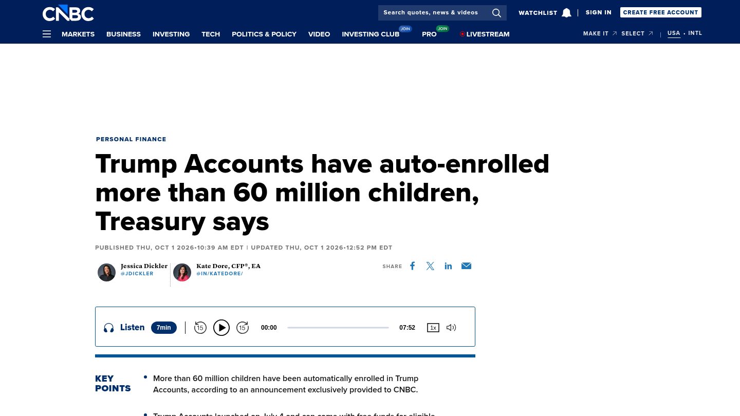 Trump Accounts have auto-enrolled more than 60 million children, Treasury says