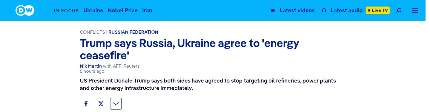Trump says Russia, Ukraine agree to 'energy ceasefire'