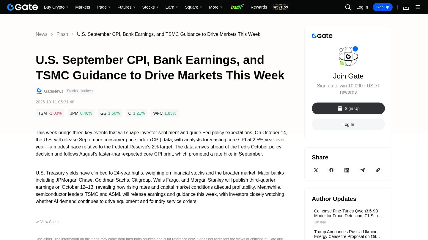 U.S. September CPI, Bank Earnings, and TSMC Guidance to Drive Markets This Week