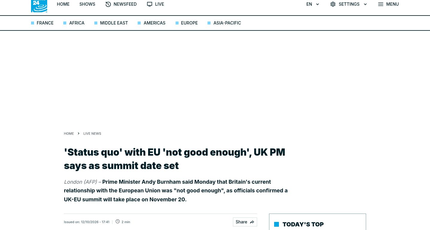 'Status quo' with EU 'not good enough', UK PM says as summit date set