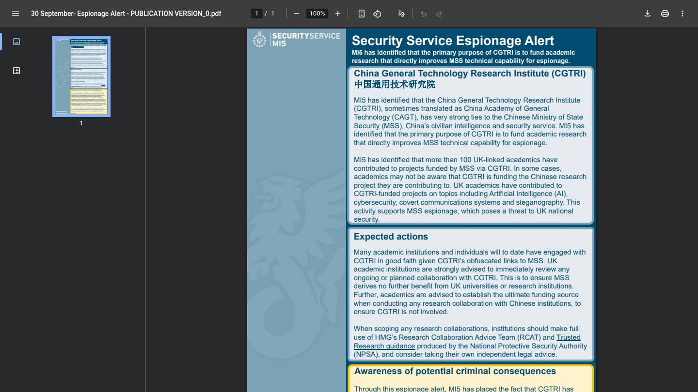Security Service Espionage Alert