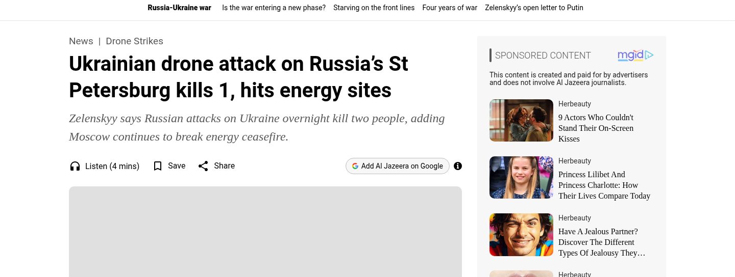 Ukrainian drone attack on Russia's St Petersburg kills 1, hits energy sites