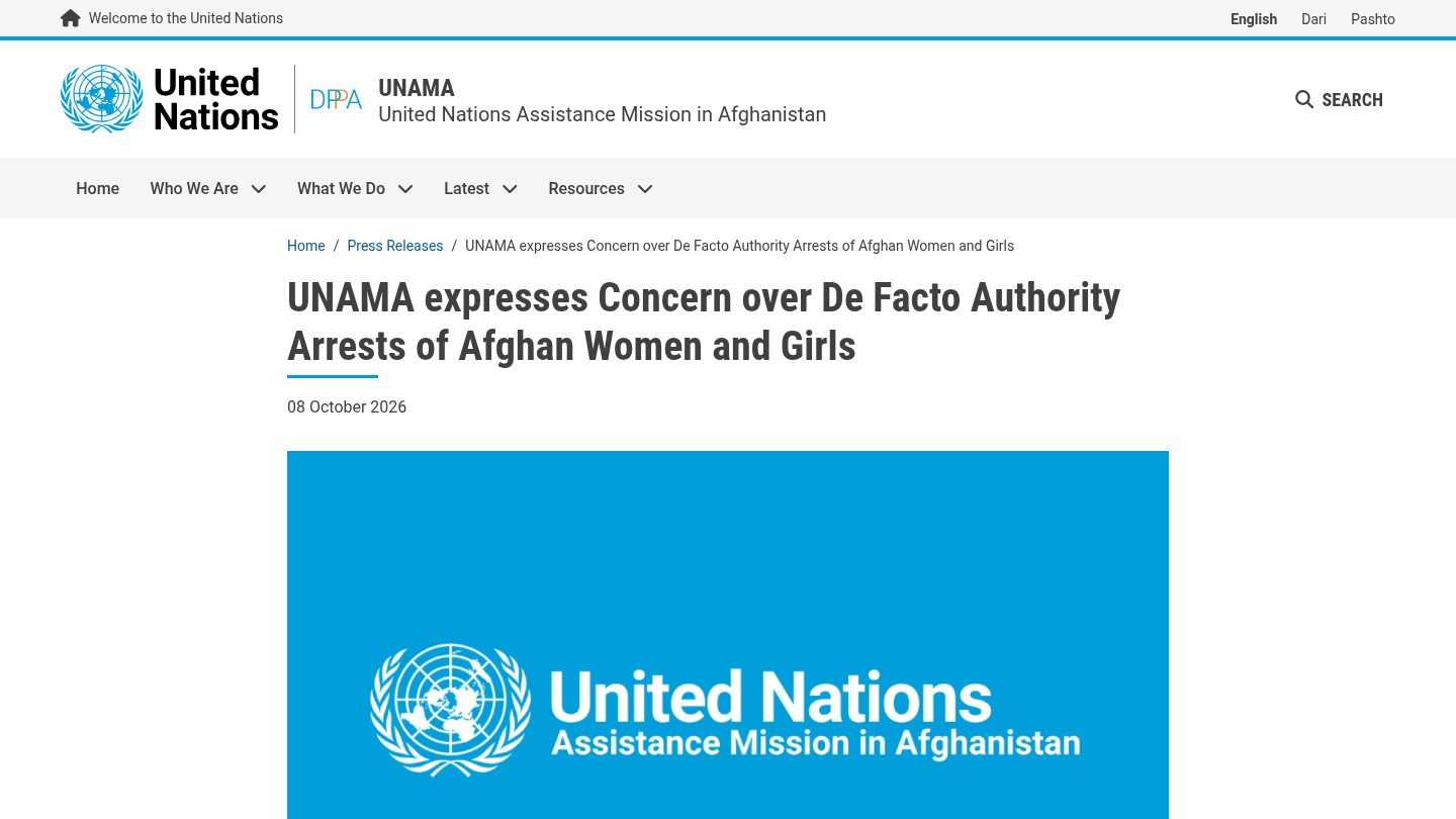 UNAMA expresses concern over de facto authority arrests of Afghan women and girls