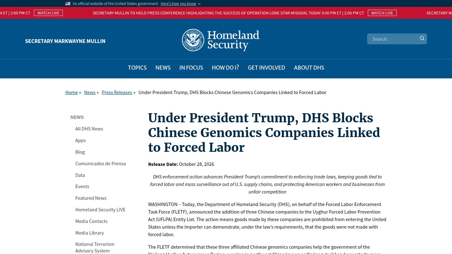 Under President Trump, DHS Blocks Chinese Genomics Companies Linked to Forced Labor
