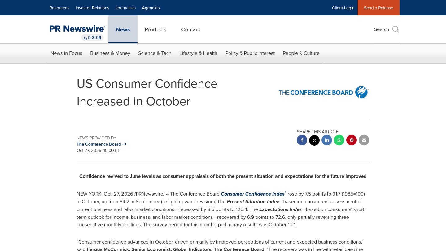 US Consumer Confidence Increased in October