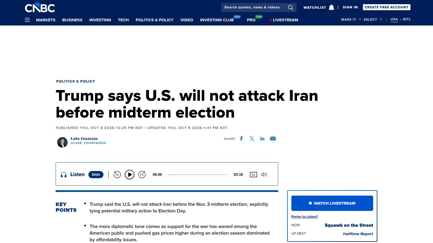 Trump says US will not attack Iran before midterm election
