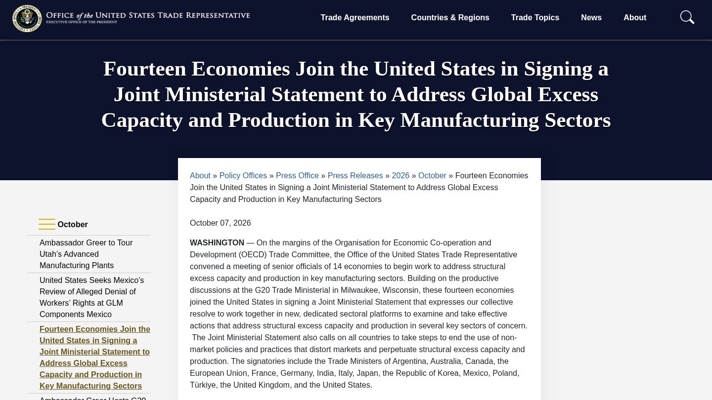 Fourteen Economies Join the United States in Signing a Joint Ministerial Statement to Address Global Excess Capacity and Production in Key Manufacturing Sectors
