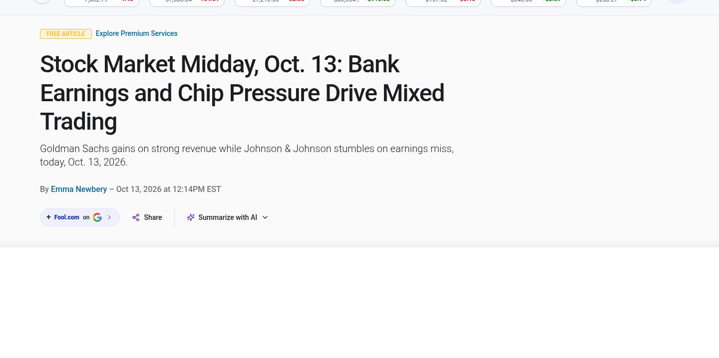 Stock Market Midday, Oct. 13: Bank Earnings and Chip Pressure Drive Mixed Trading