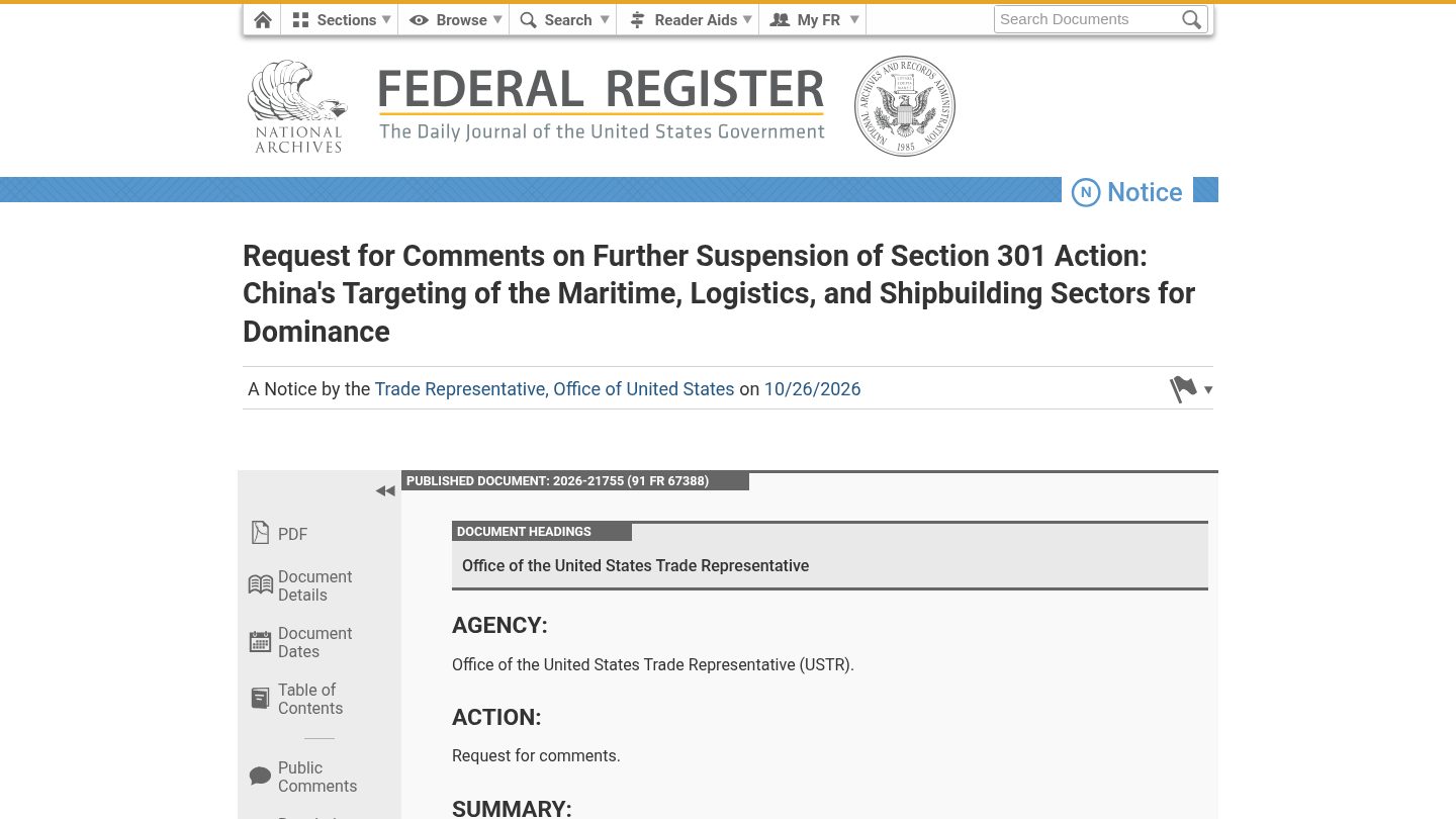 Request for Comments on Further Suspension of Section 301 Action: China's Targeting of the Maritime, Logistics, and Shipbuilding Sectors for Dominance