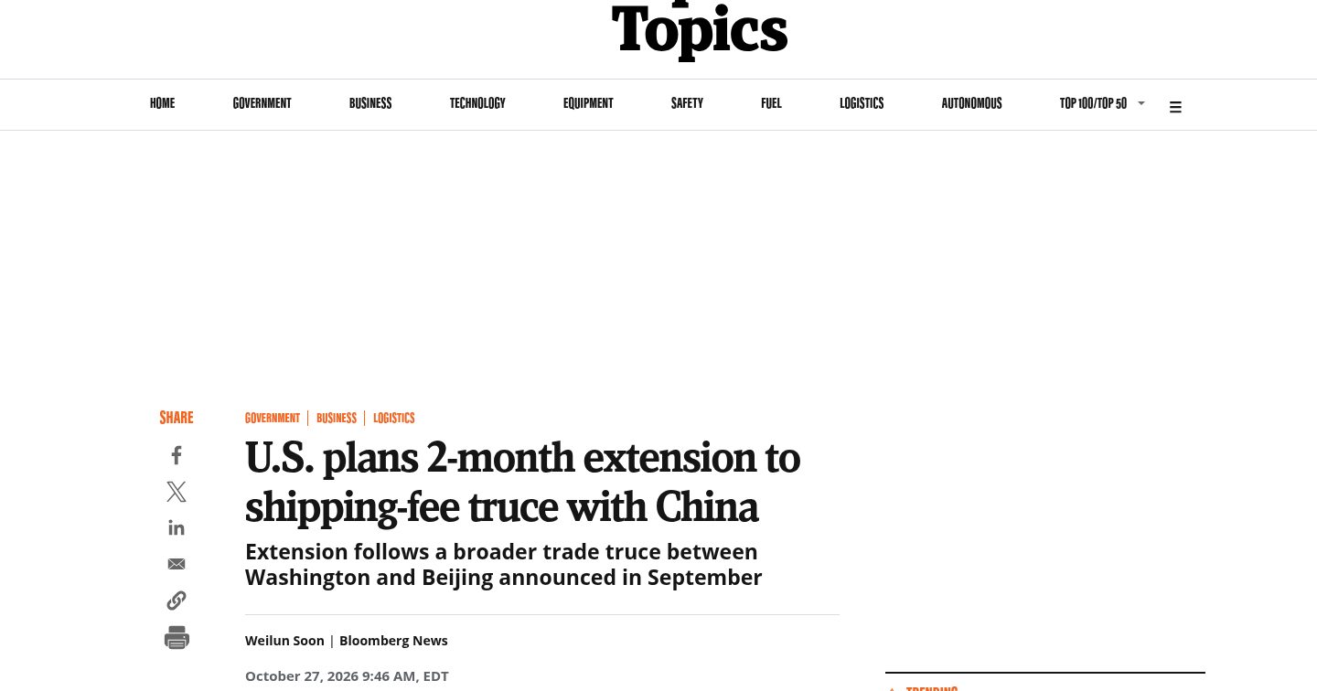 U.S. plans 2-month extension to shipping-fee truce with China