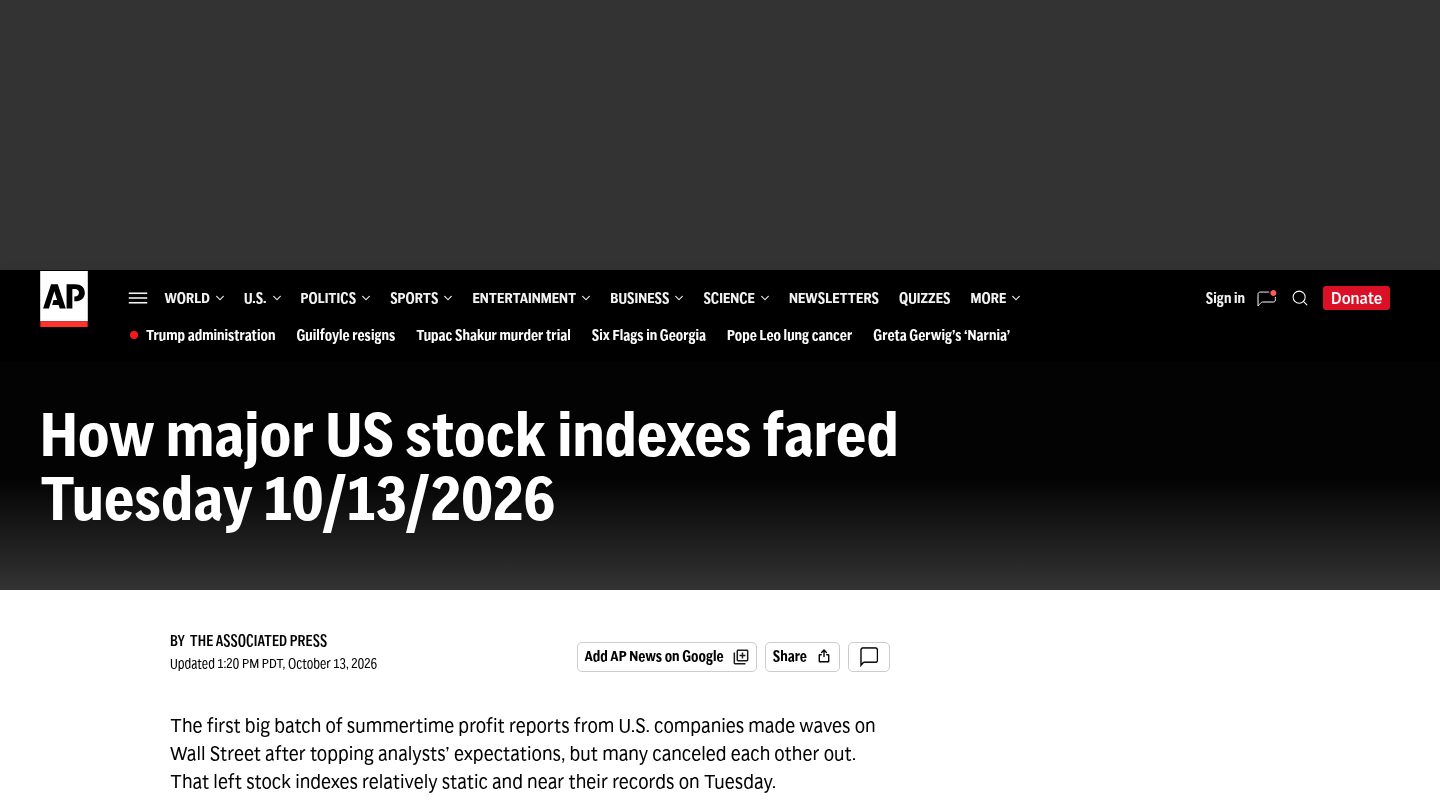 How major US stock indexes fared Tuesday 10/13/2026