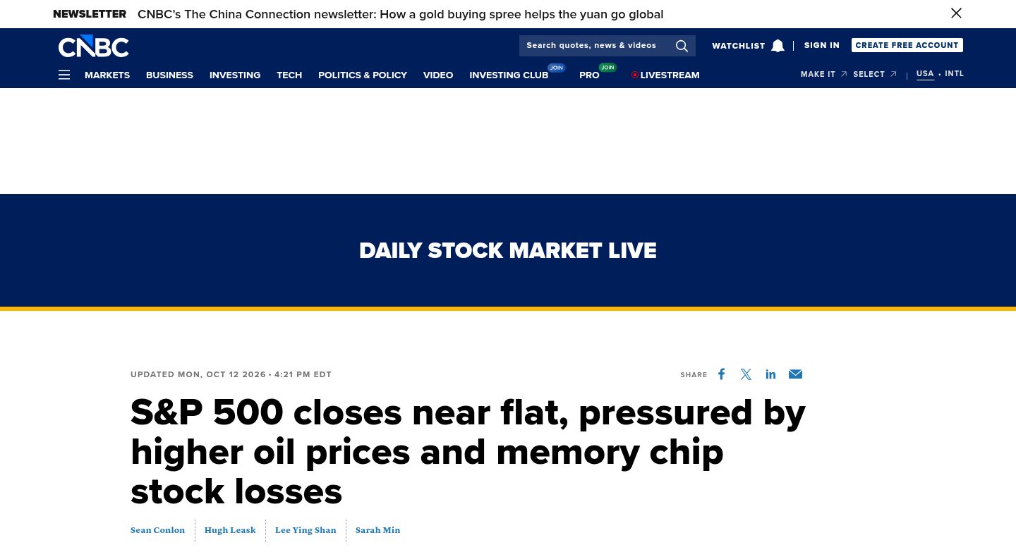 S&P 500 closes near flat(7,807.24、-0.06%,油价与芯片拖累)