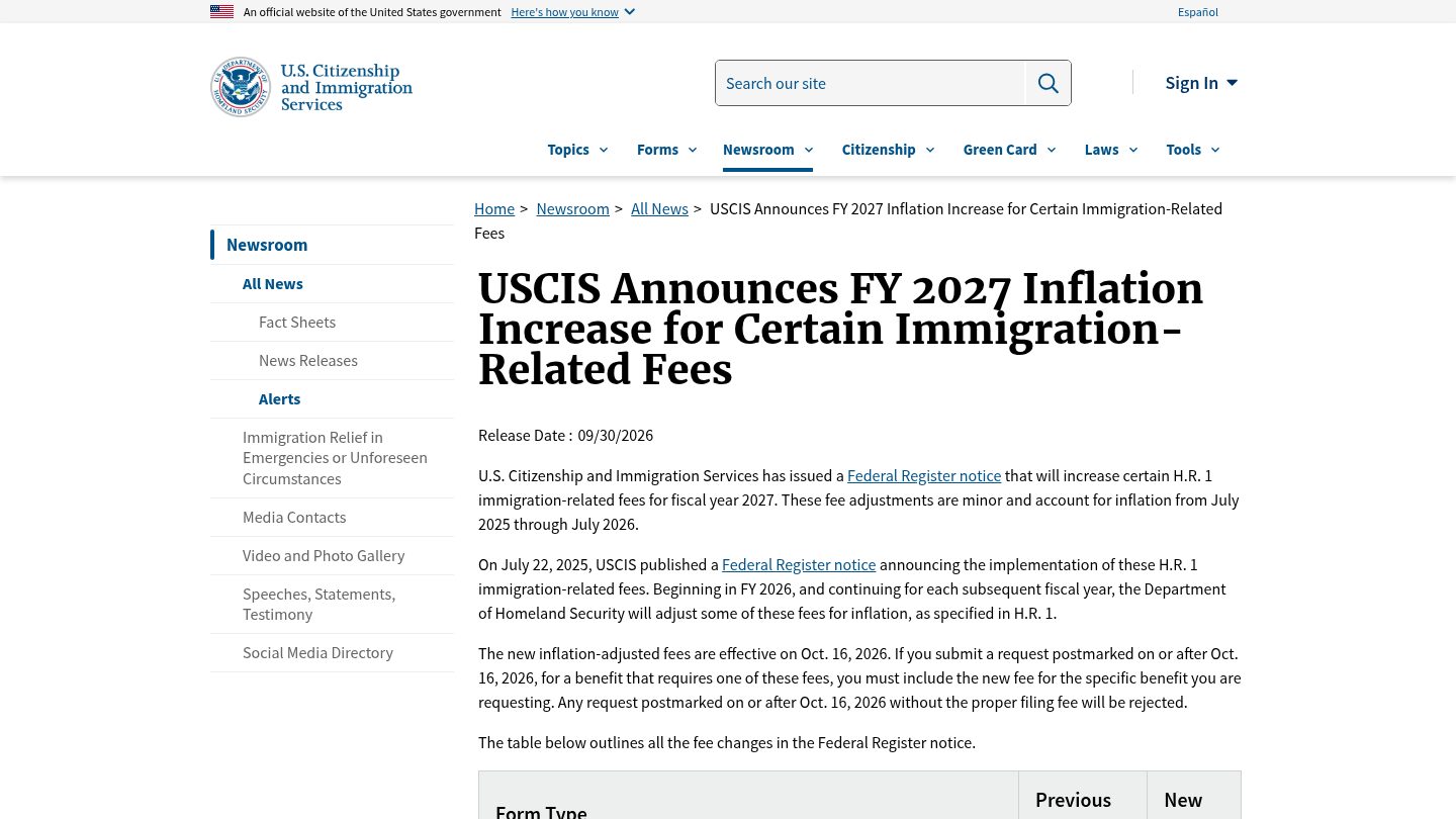 USCIS Announces FY 2027 Inflation Increase for Certain Immigration-Related Fees