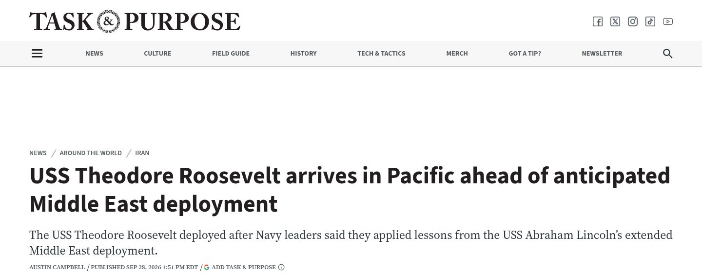 USS Theodore Roosevelt arrives in Pacific ahead of anticipated Middle East deployment