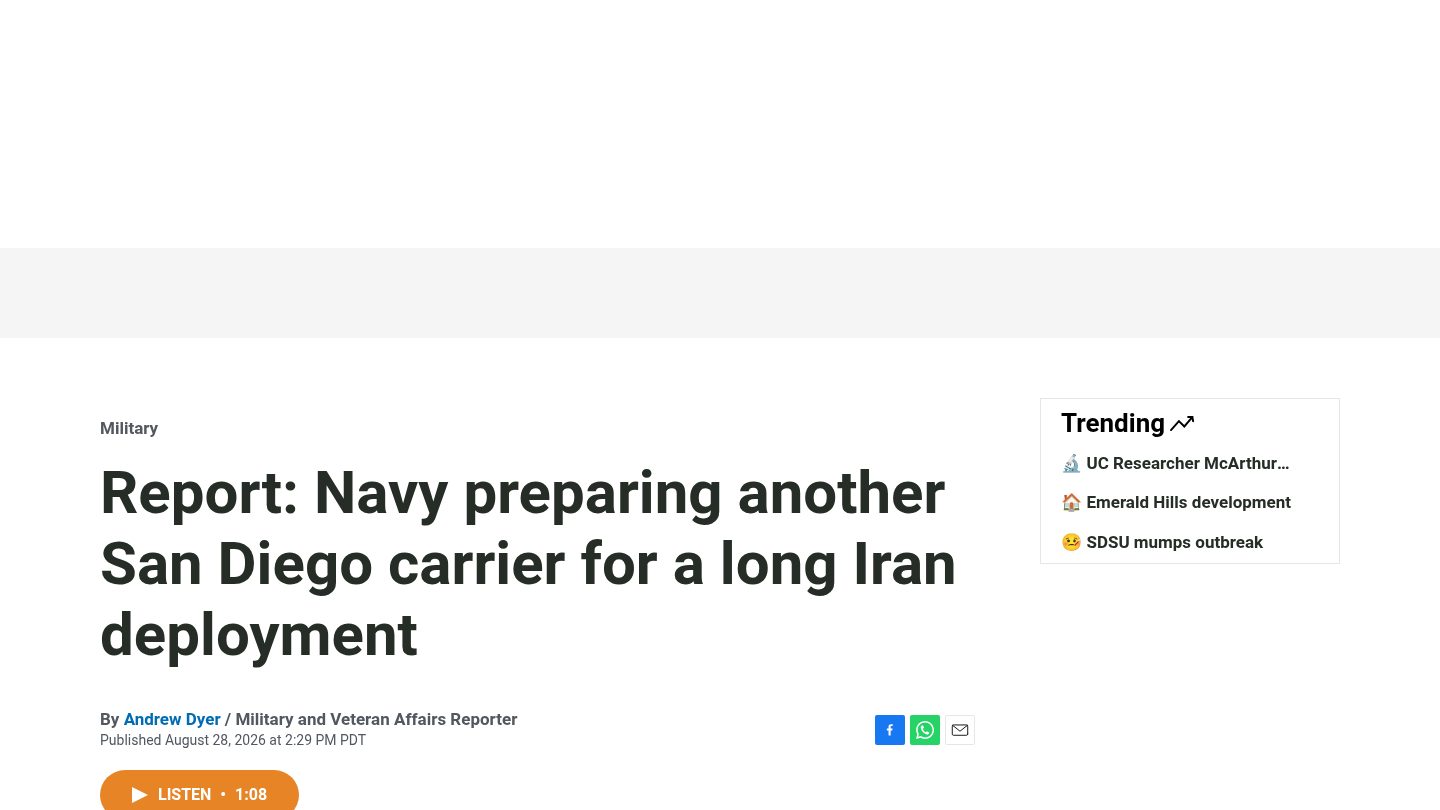 Report: Navy preparing another San Diego carrier for a long Iran deployment