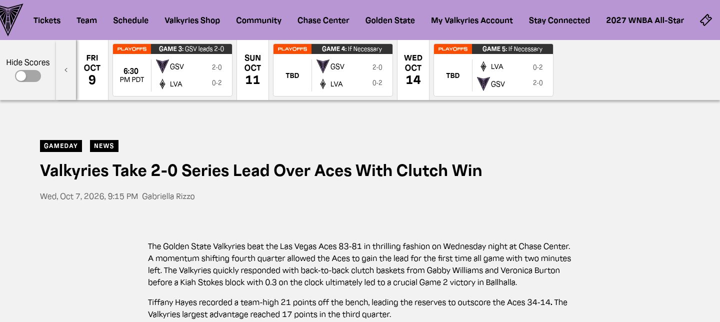 Valkyries Take 2-0 Series Lead Over Aces With Clutch Win