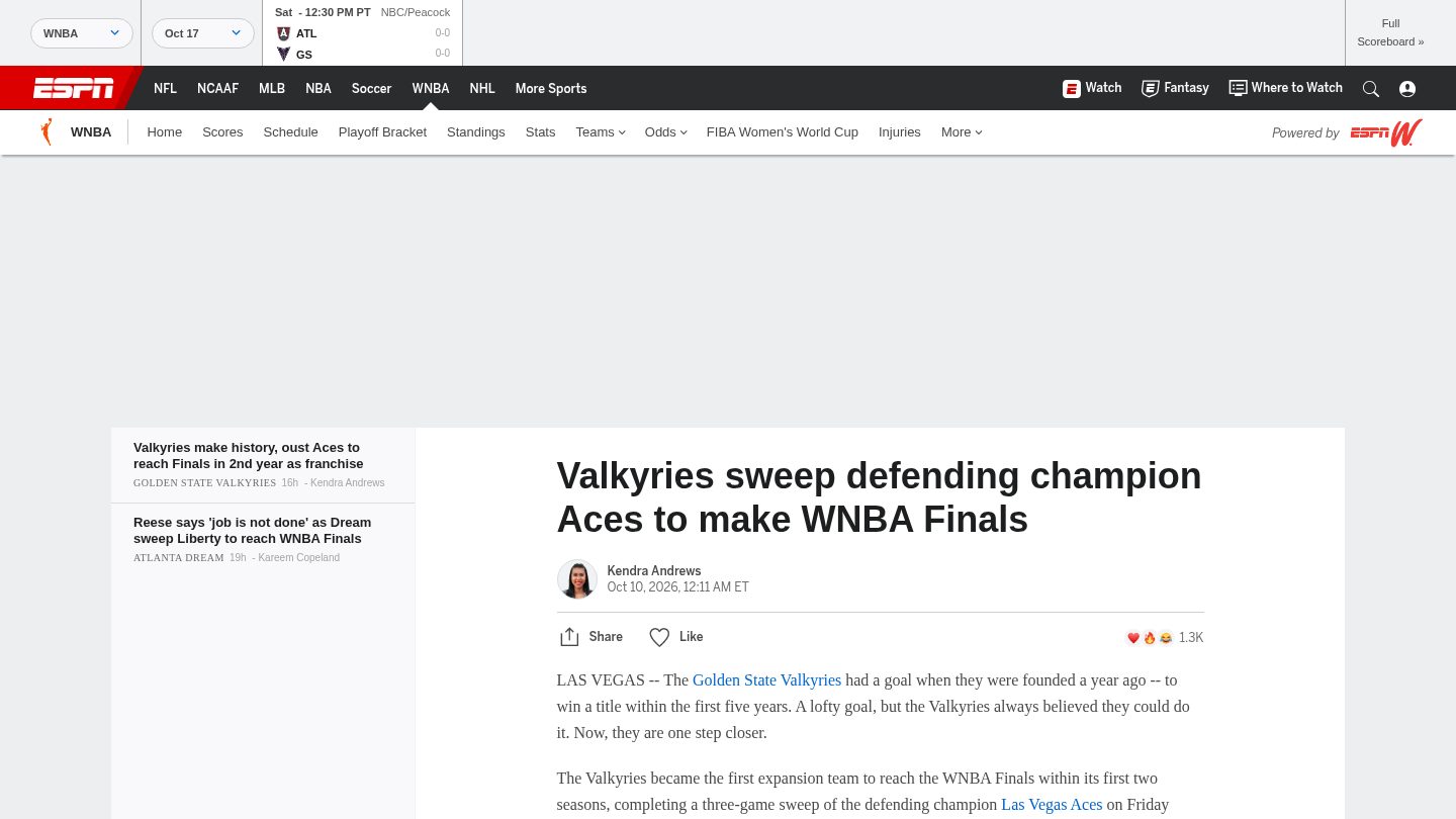 Valkyries sweep defending champion Aces, make WNBA Finals in second year