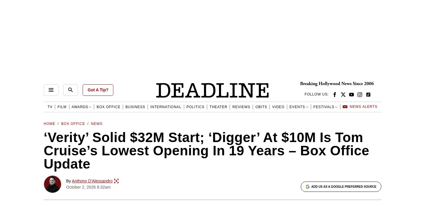‘Verity’ Solid $32M Start; ‘Digger’ At $10M Is Tom Cruise’s Lowest Opening In 19 Years – Box Office Update