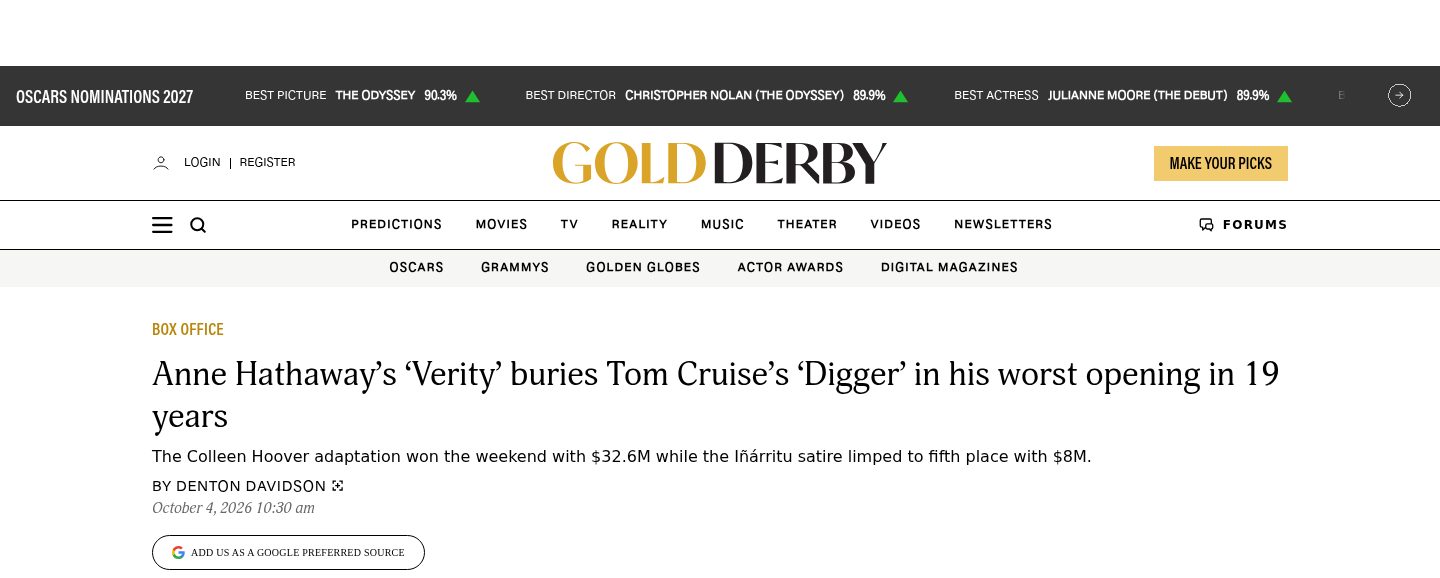 Anne Hathaway’s ‘Verity’ buries Tom Cruise’s ‘Digger’ in his worst opening in 19 years
